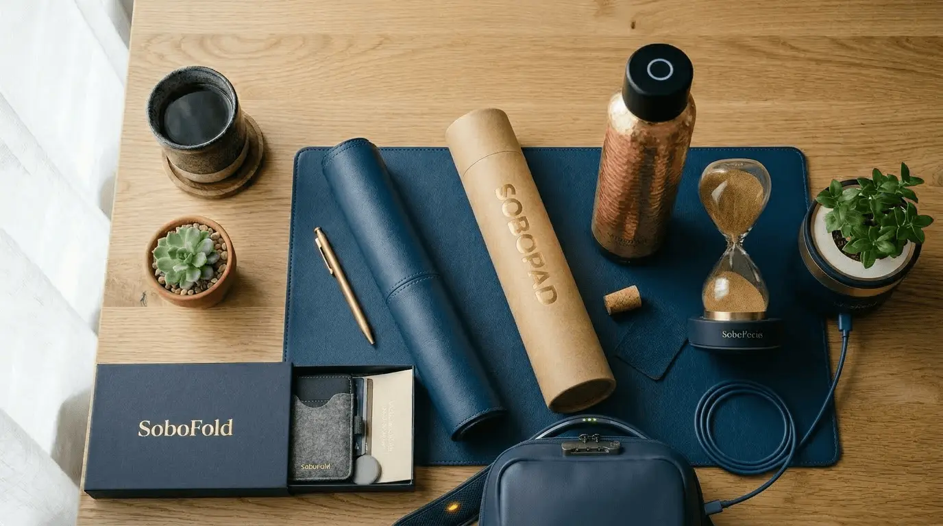 A composed desk with leather pad, notebook and pen